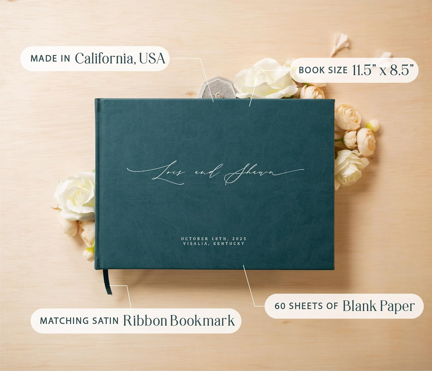 MUUJEE Personalized Guestbook in Teal - Premium Custom Modern Guest Book for Wedding Reception, Birthday Party or Events w/Bookmark Blank Pages for Signing 11.5 x 8.5 inches