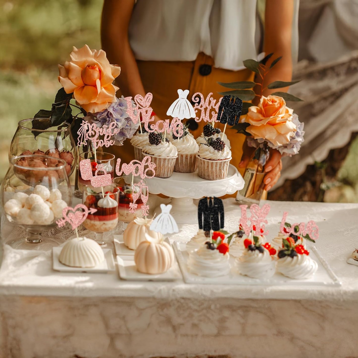 Ephlyn 30Pcs Bride to be Cupcake Toppers Glitter Wedding Cake Topper Decorations I Do Love Heart Ring Cupcake Picks for Bridal Shower Wedding Engagement Party Supplies Rose Gold