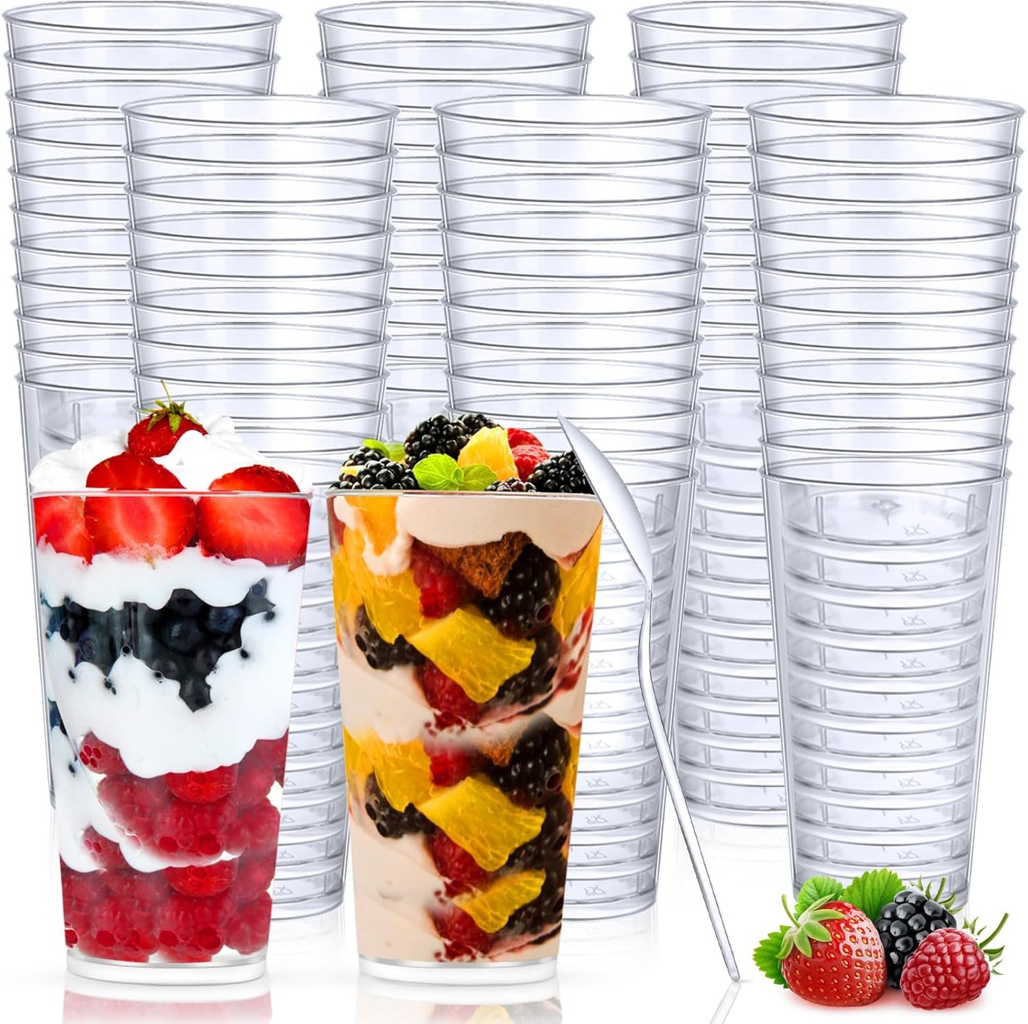 CHENGU 3 oz Clear Plastic Mini Dessert Cups with Spoons - Round Parfait Appetizer Cups, Shot Glasses, Disposable Tall Tumbler for Dessert Tasting Party supplies (200 Pieces)