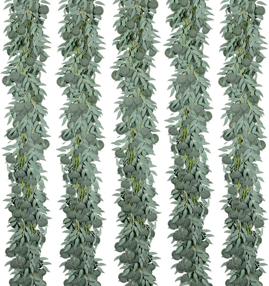 Kisflower 5 Pack 6.56FT Green Eucalyptus Garland for Decoration Table with Willow Leaves Greenery Garland Fake Hanging Plants Vines for Wedding Arch Decor Party Room Home Garden Office Wall Decor