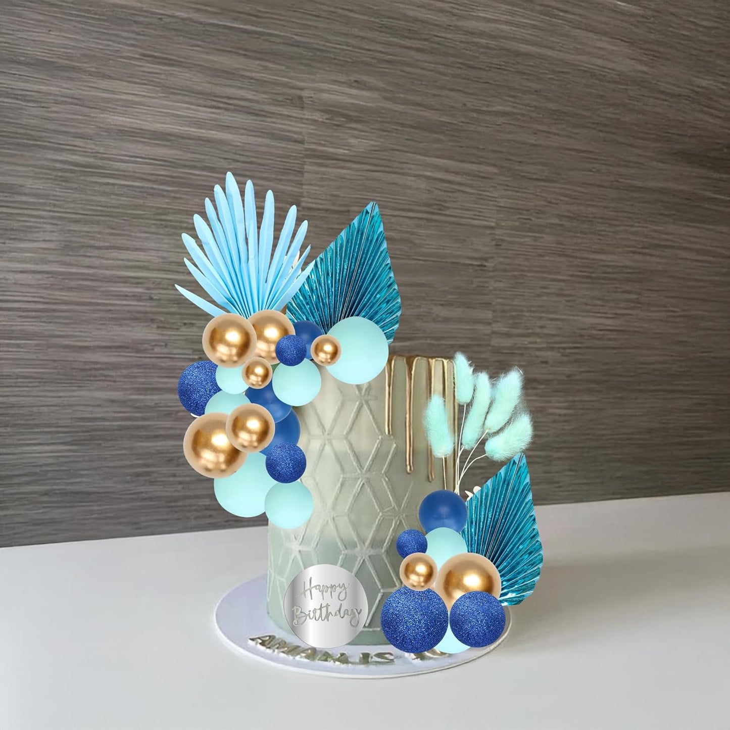 Ephlyn 33 Pack Balls Cake Toppers Boho Palm Leaves Cake Decorations Round Acrylic Happy Birthday Cupcake Toppers for Birthday Wedding Baby Shower Party Supplies Blue