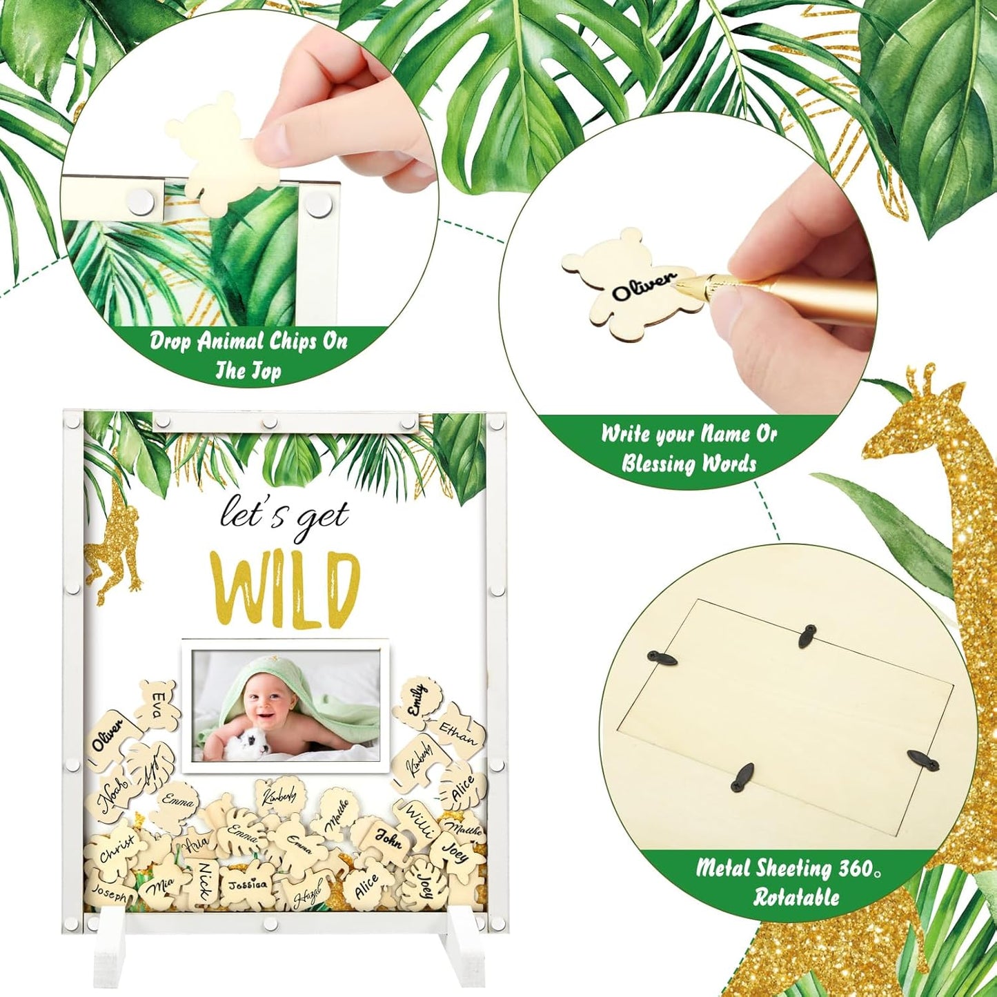 65 Pcs Jungle Animal Baby Shower Guest Book Alternatives He or She Gender Reveal Baby Shower Decorations Sign in Guest Book with Picture Frame and 60 Wooden Chip Let's Get Wild Decorations