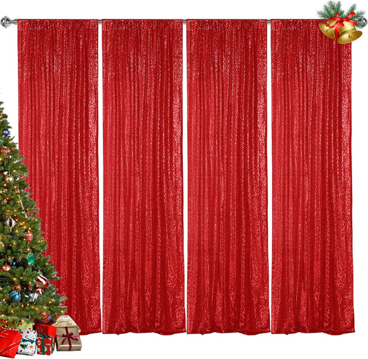 Hahuho Red Sequin Backdrop Curtain, 4PCS 2FTx8FT Glitter Backdrop Curtain for Parties, Christmas, Wedding, Party Decoration（4 Panels, 2FT x 8FT, Red