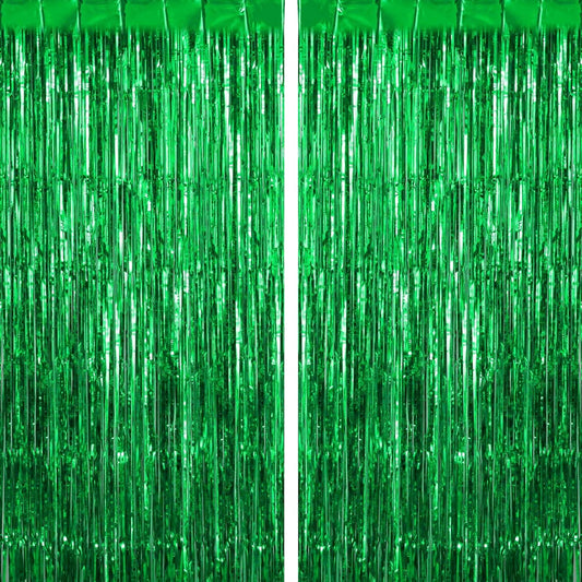 2 Pack Green Fringe Curtains Foil Shiny Fringe Backdrop Tinsel Door Streamers Foil Curtains for Birthday Wedding Engagement Bridal Shower Celebration Party Decorations Large