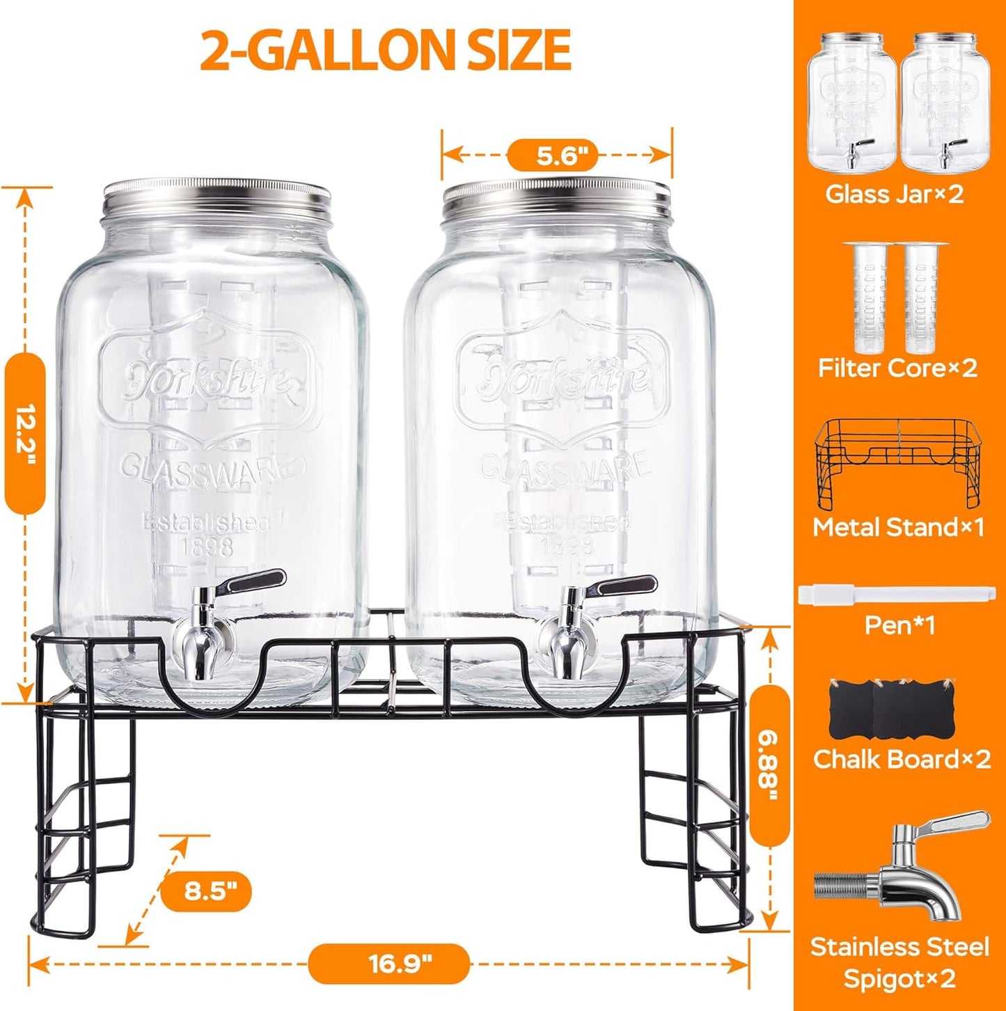 2 Gallon Glass Drink Dispenser for Parties, 2 Pack Beverage Dispenser with Stand, Lemonade Dispenser with 18/8 Stainless Steel Spigot, Leakproof for Sun Tea, Juice, Picnic, BBQ & Bars