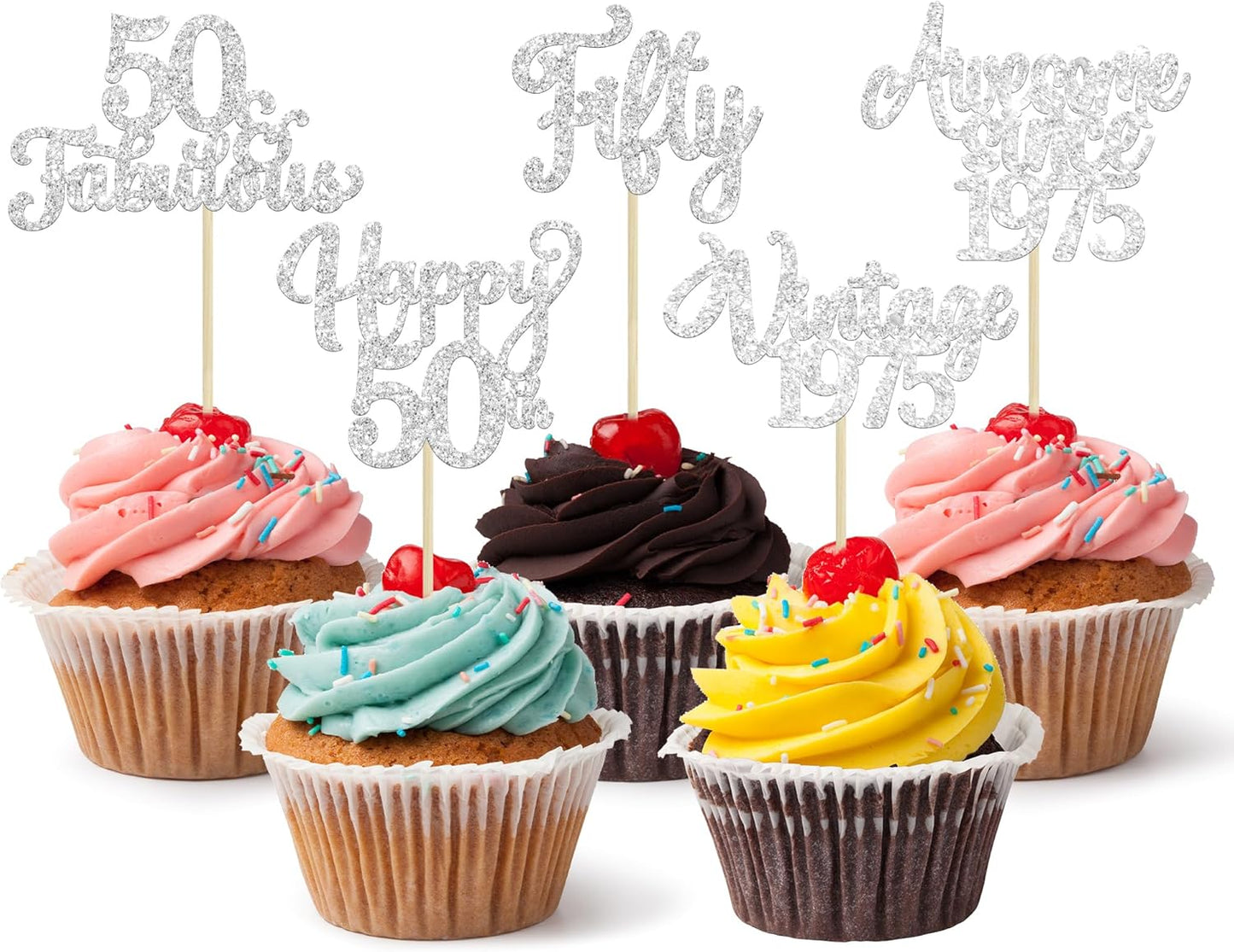 30Pcs Happy 50th Birthday Cupcake Toppers Glitter Fifty Vintage 1975 Cupcake Picks Cheers to 50 Fabulous Cake Decorations for 50th Birthday Wedding Anniversary Party Supplies Silver