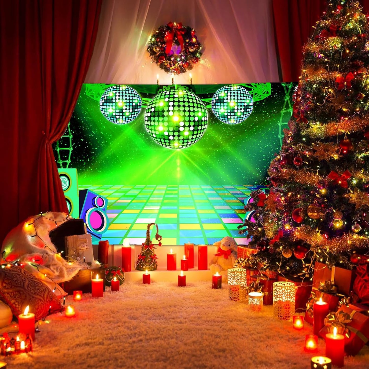 Dance Party Backdrop Retro 80s 90s Theme Stage Dance Ball Music Birthday Party Decoration DJ Photography Background 12 x 10 ft for Baby Shower Picture Photo Shoot Polyester Fabric, Green