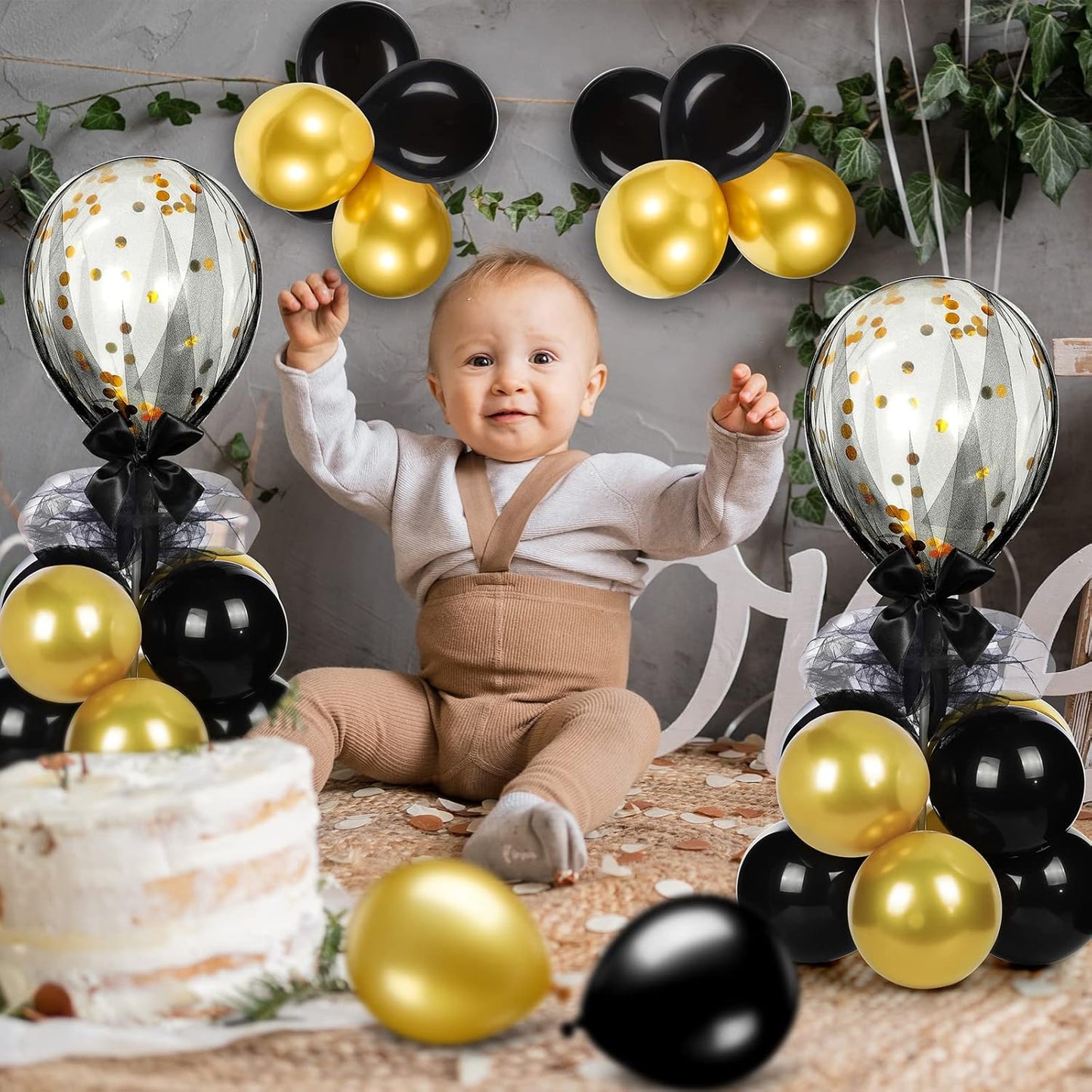 BBTO 8 Set Table Centerpieces Balloons Stand Kit, 80 Pcs Latex Balloons and Table Stand Holder with Base Tulle for Wedding Birthday Baby Shower Party(Black, Gold)