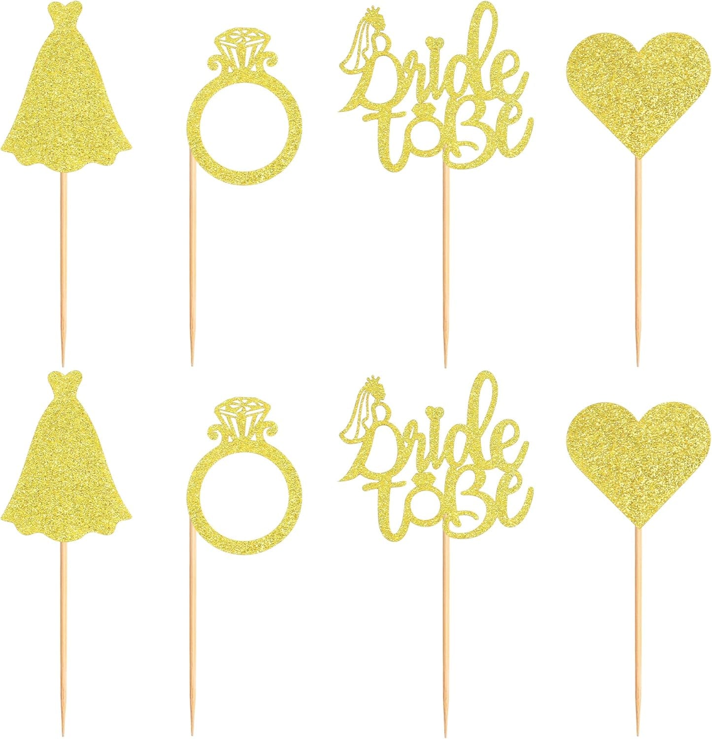 Pack of 24 Bride to Be Cupcake Toppers with Heart Ring Dress Bridal Shower Cupcake Picks Wedding Engagement Bachelorette Party Cake Decorations Supplies - Gold Glitter