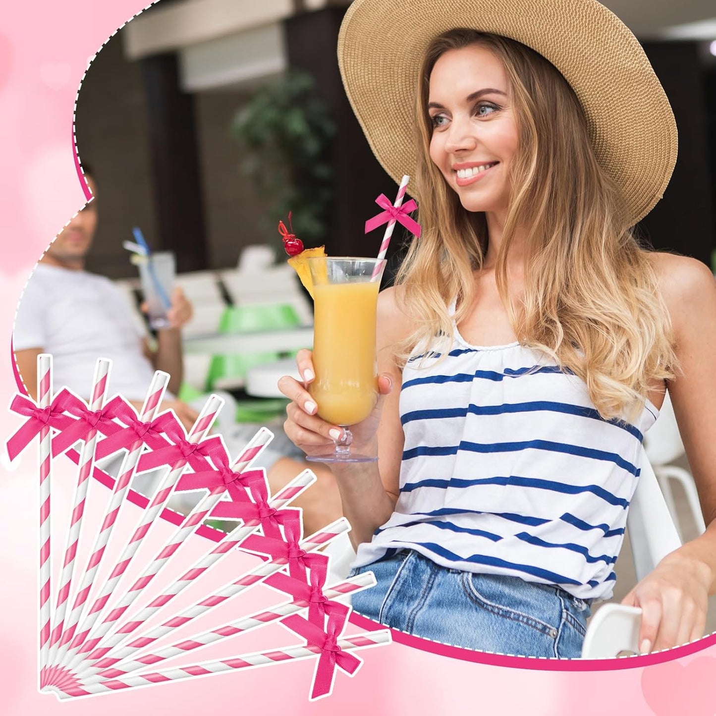 100 Pcs Rose Red Paper Straws for Drinking, Bow Disposable Striped Paper Straws Bulk Rose Red Theme Birthday Party Supplies for Wedding Cake Decorations Bachelorette Baby Shower