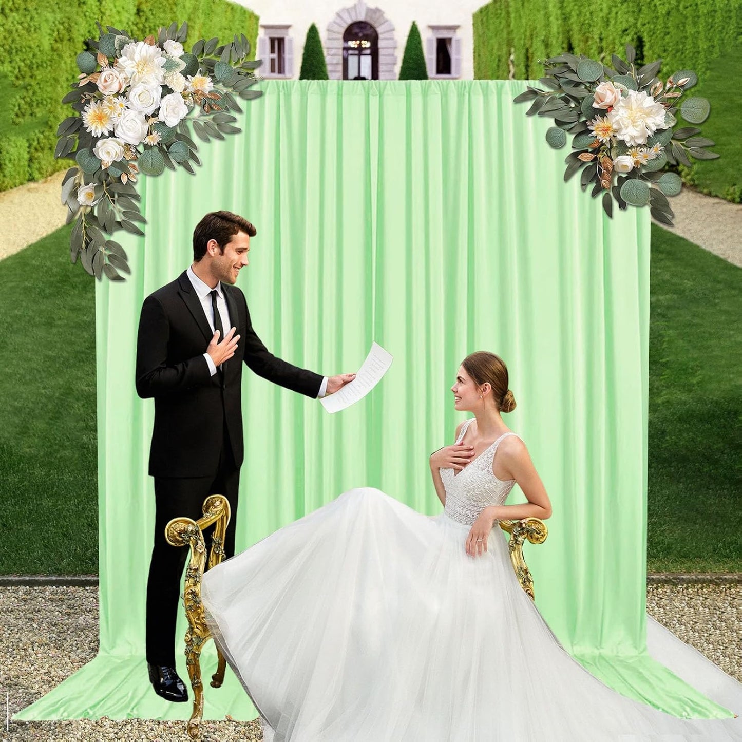 10ft x 10ft Light Green Backdrop Curtains for Parties, Fabric Satin Background Curtain with Rod Pockets for Weddings, Birthday, Baby Shower, Photography, Graduation Party Backdrop Drapes, 2 Panels