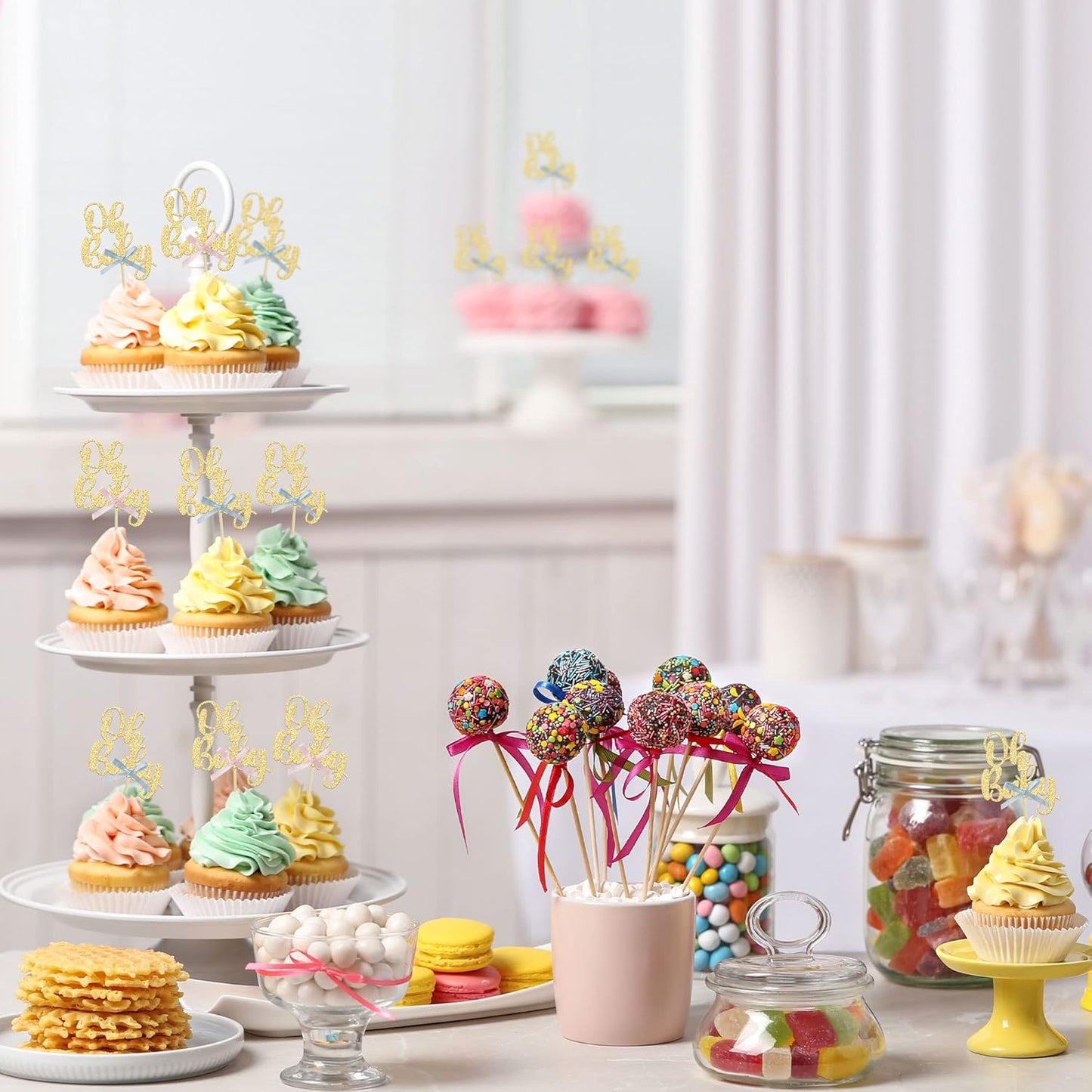 Gyufise 36Pcs Oh Baby Cupcake Toppers with Blue Pink Bowknot Gold Glitter Baby Shower Cupcake Picks Gender Reveal Cupcake Topper Decorations for Gender Reveal Baby Shower Kids Birthday Party Supplies