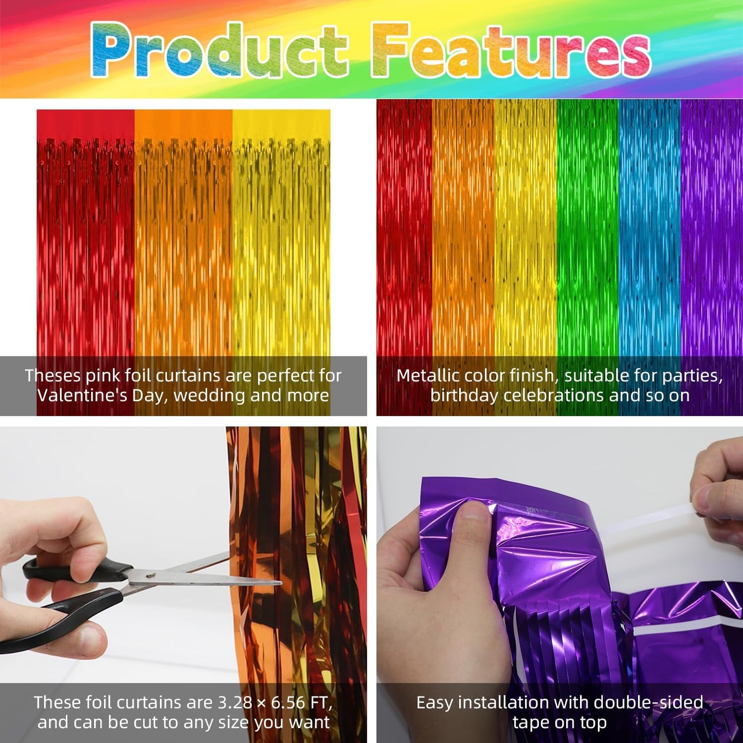 2 Pack Rainbow Backdrop Curtains,3.28 Ft x 6.56 Ft Rainbow Party Decorations,Metallic Tinsel Backdrop Fringe Curtains Party Streamer for Wedding Birthday Party