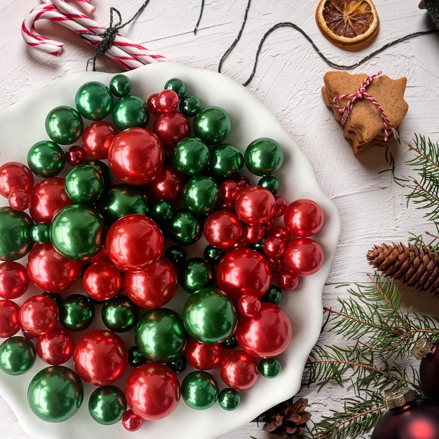 150Pcs Red&Green Polished No Hole Pearl Beads Vase Filler, Christmas Vase Filling Decorations, Plastic Pearls, Table Scatters, Wedding Home Decor, 8/14/20 mm