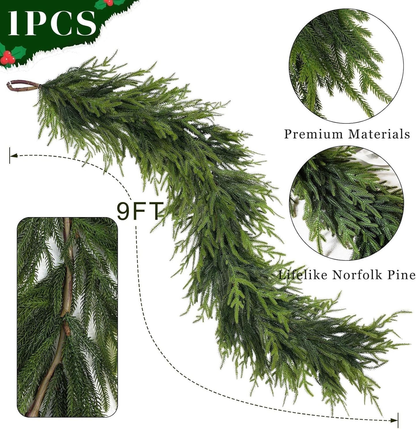 9FT Christmas Artificial Norfolk Pine Garland for Fireplace - Realistic Faux Greenery Fake Garland for Holiday,Table, Window,Mantel,Stairs, Home,Indoor Outdoor Decor (1PCS)