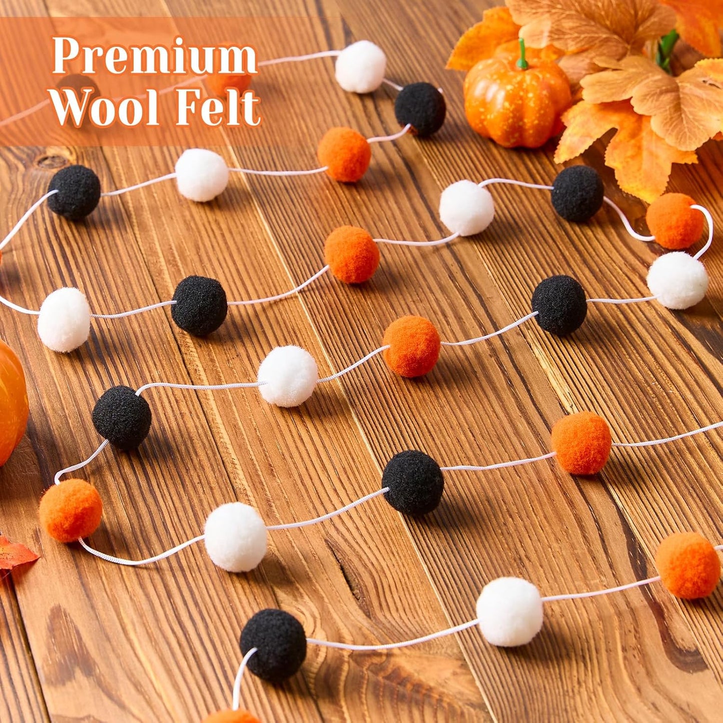3 Pack Pom Pom Garland Colorful Felt Ball Garland Decorations, 6.5 Feet Long with 30 Balls Banner Hanging Supplies for Halloween, Parties (Orange, black &White)