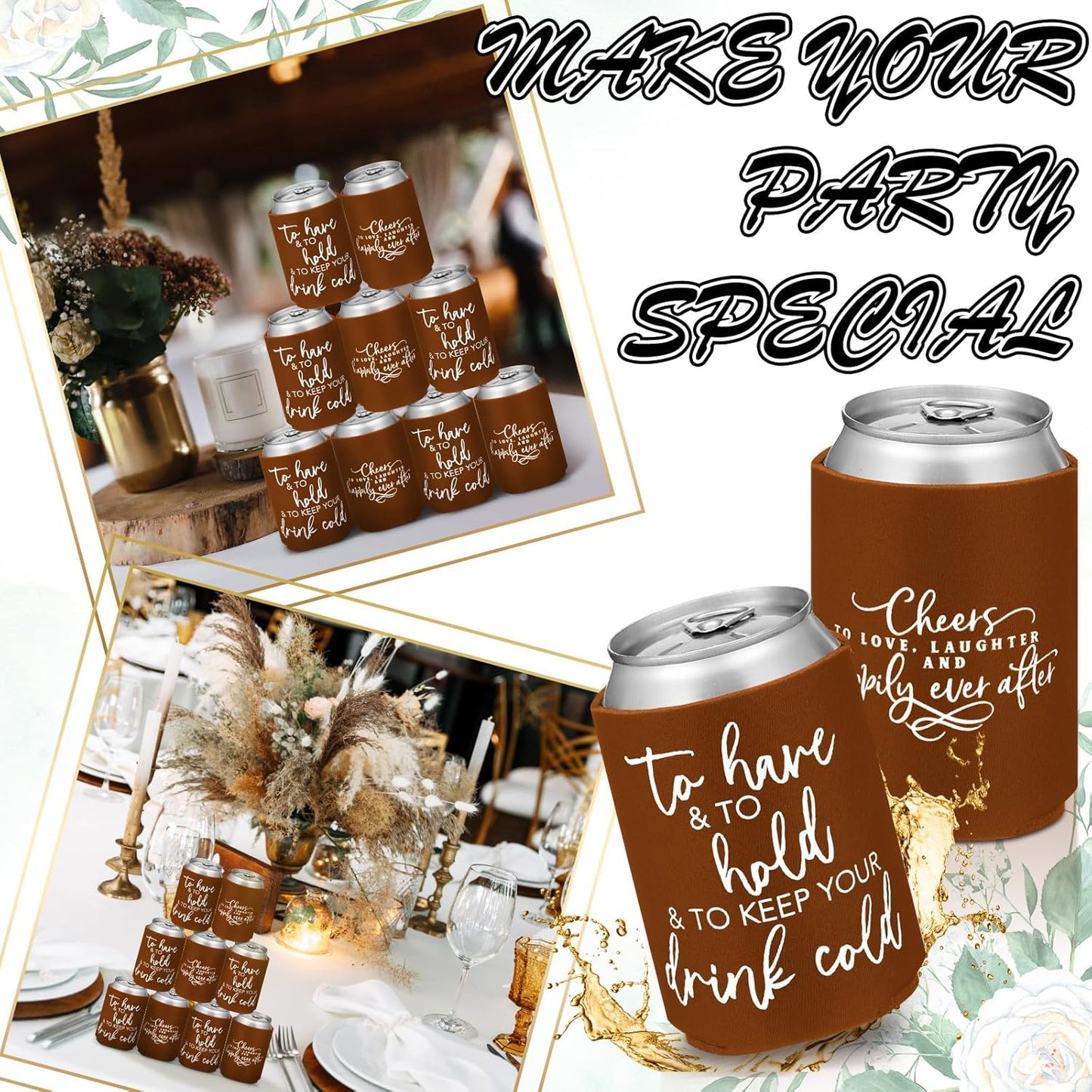 50 Pieces Chocolate Wedding Can Cooler Sleeves Bulk Engagement Party Favors for Guests Cheers to Love Laughter and Happily Ever After Rehearsal Dinner Decorations for Wedding Bridal