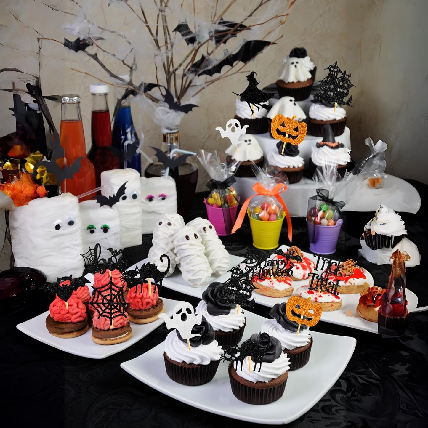 60Pcs Halloween Cupcake Toppers, Bat Pumpkin Ghost Cupcake Decorations for Halloween Party Supplies, Black Multi Style1