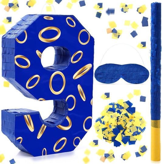 Number 9 Blue and Golden Rings Piñata for Kids Birthday Cartoon Theme Small Piñata with Blindfold Stick Confetti for Fiesta Cinco De Mayo Party Decor, 15.8 x 11 x 2.8 Inch