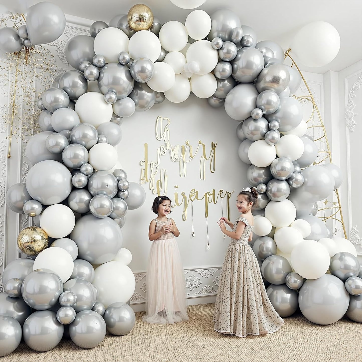 412Pcs White and Silver Balloons Arch Kit, 18 12 10 5 Inch White Metallic Silver Latex Balloon for Wedding Bridal Shower Engagement Anniversary Birthday Party Decorations