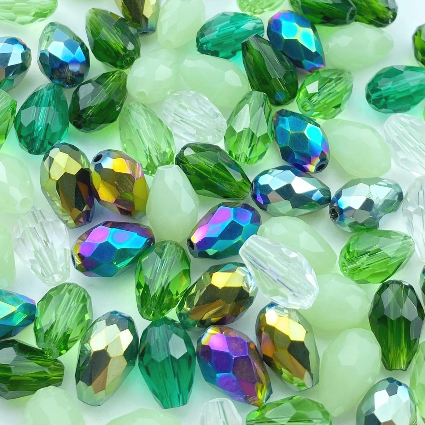 110pcs 6x8mm Teardrop Crystal Glass Beads Vertical Hole Faceted Loose Spacer Beads for DIY Craft Jewelry Making Necklace Bracelet Earring Wind Chimes(Green Series)