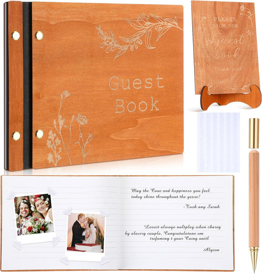 Wedding Guest Book Personalized Photo Guestbook to Sign at Reception Wedding Guest Sign in Book Photo Album Hard Cover 88 Lined Pages for Baby Shower Birthday Anniversary Party (Wood Floral)