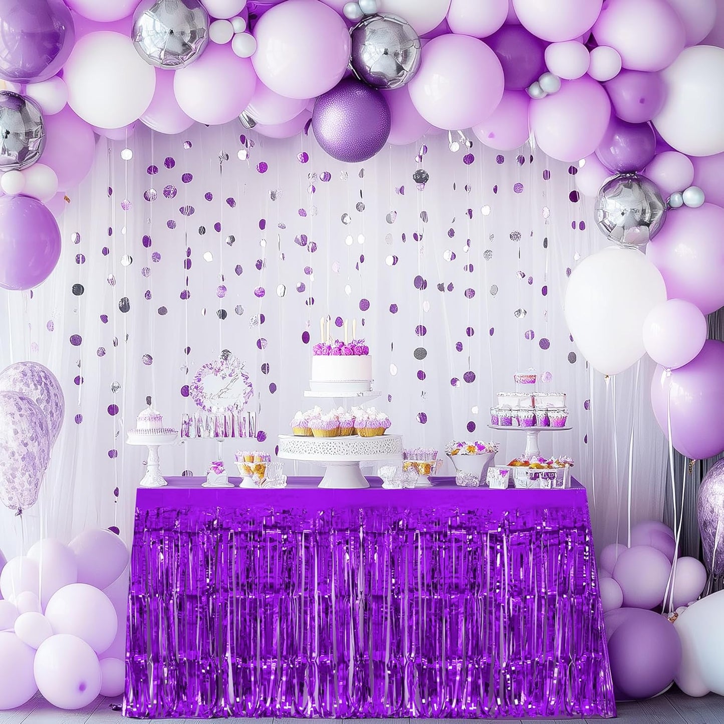 2 Pack Dark Purple Table Skirts, 29x108" Metallic Foil Tinsel Fringe Table Skirts for Rectangle Tables Streamer Curtains Backdrop, Party Decorations for Birthdays Weddings Holidays