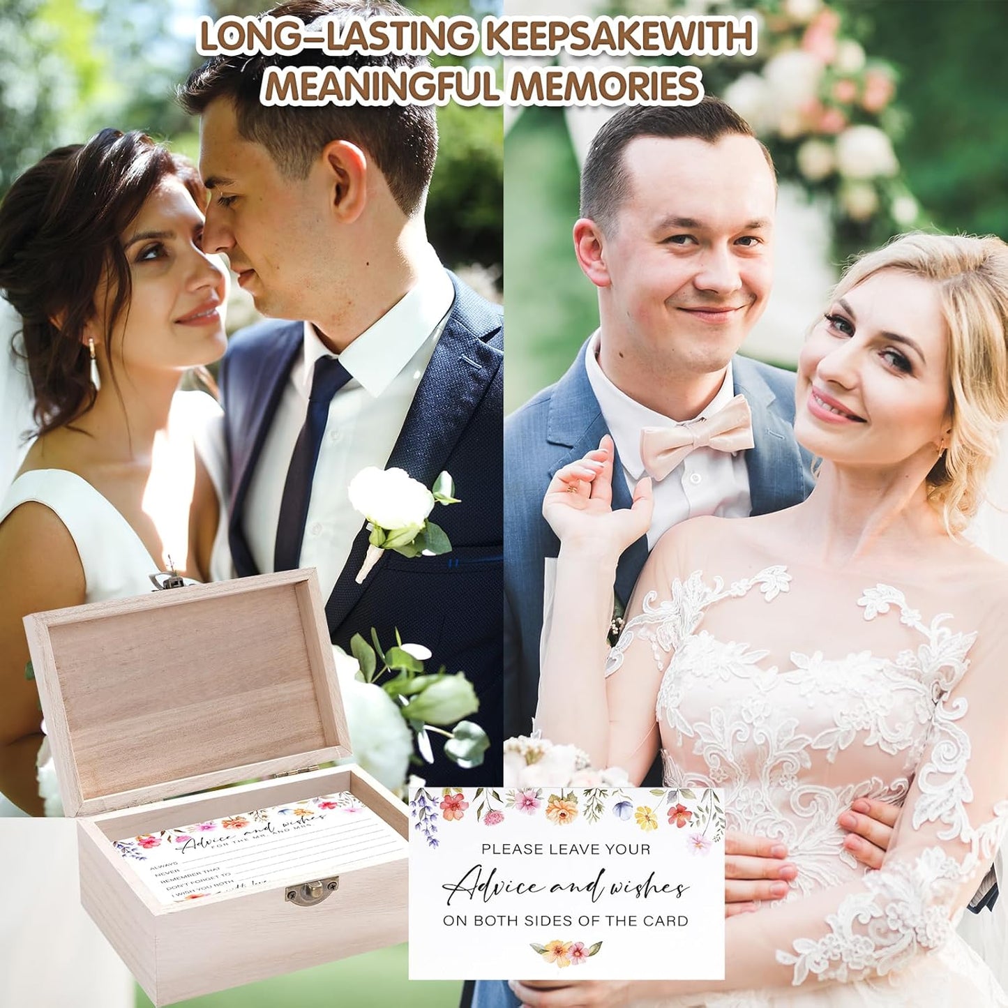 85 Pcs Advice and Wishes Cards Wooden Box Set for The Mr and Mrs,Pink Floral Rose Advice and Wishes Cards with Pen for the Groom and Bride,Bridal Shower Game,Wedding Party Decorations Supplies