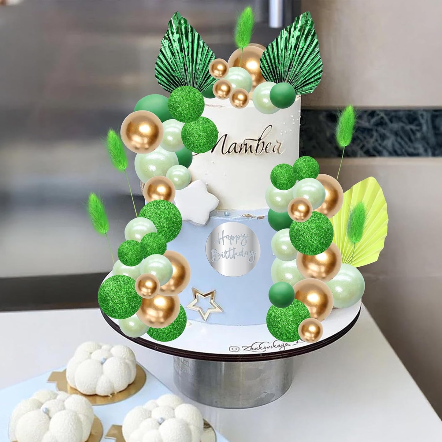 Ephlyn 33 Pack Balls Cake Toppers Boho Palm Leaves Cake Decorations Round Acrylic Happy Birthday Cupcake Toppers for Birthday Wedding Baby Shower Party Supplies Green