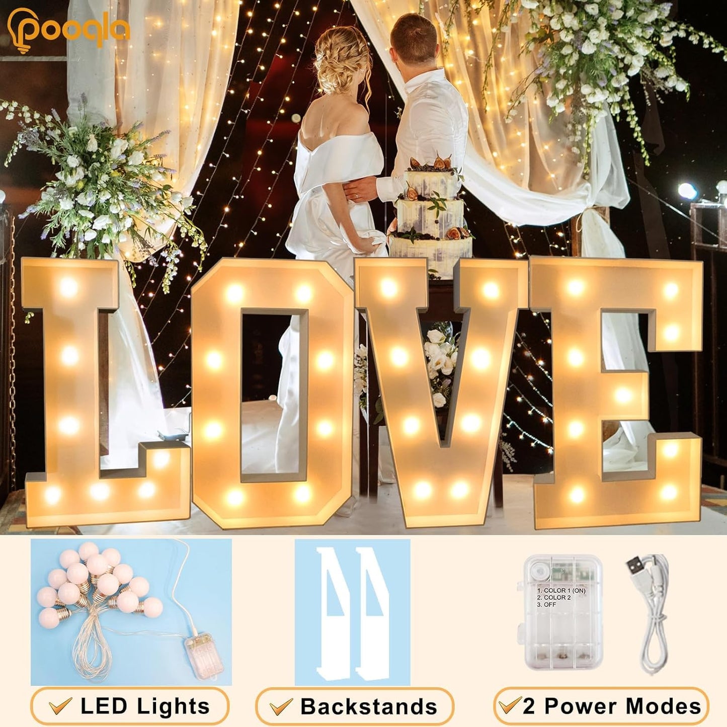 Pooqla 3FT Marquee Light Up Letters, Giant LED Sign Big Mosaic Marquee Letters 3 Feet for Balloons Birthday Anniversary Wedding Party Decoration, Cool White and Warm White Letter W