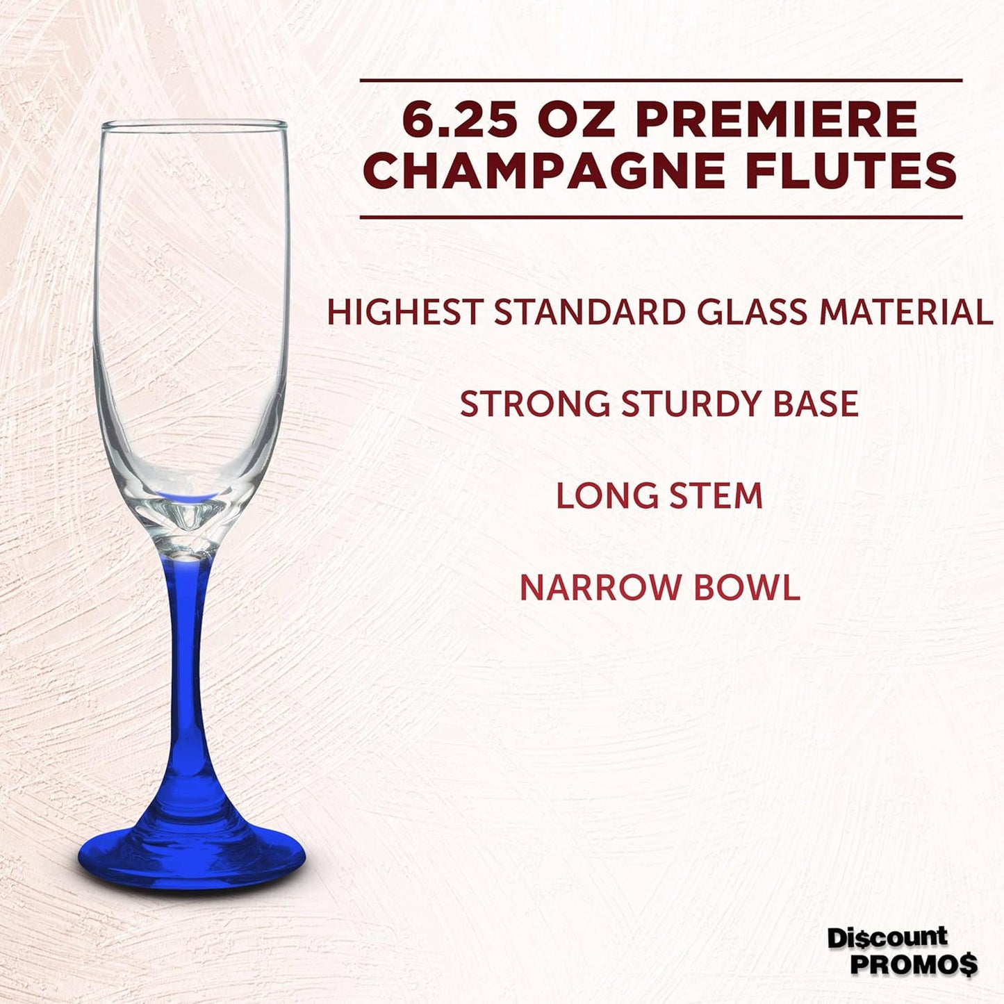 DISCOUNT PROMOS Premiere Champagne Flutes 6.25 oz. Set of 10, Bulk Pack - Elegant Drinkware for Weddings, Events, & Promotional Gifts - Blue
