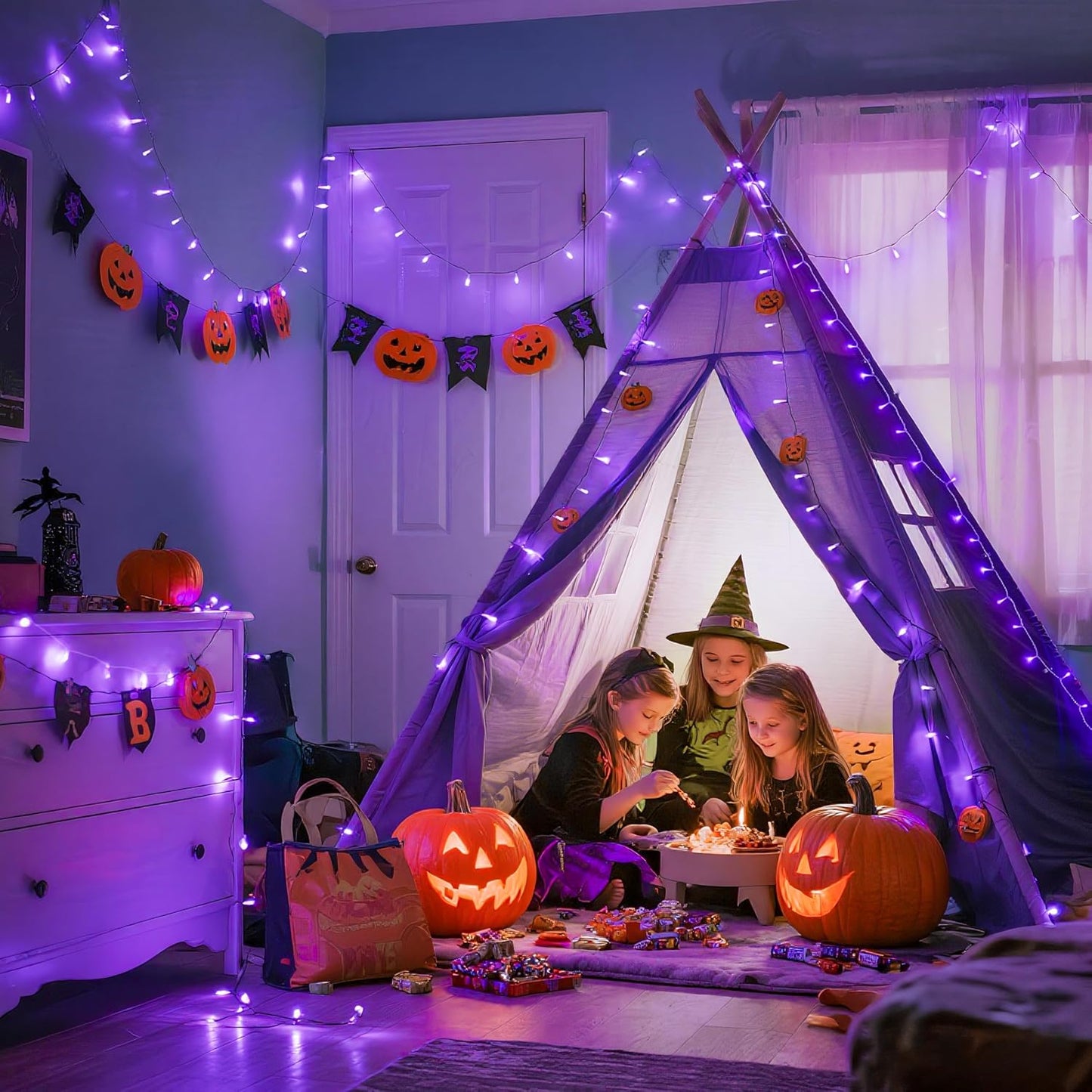 JMEXSUSS 600 LED Purple Halloween Lights Outdoor, 8 Modes Purple String Lights Indoor, 168ft LED Christmas Light Plug in for Bedroom Fireplace Party Halloween Christmas Tree Decorations