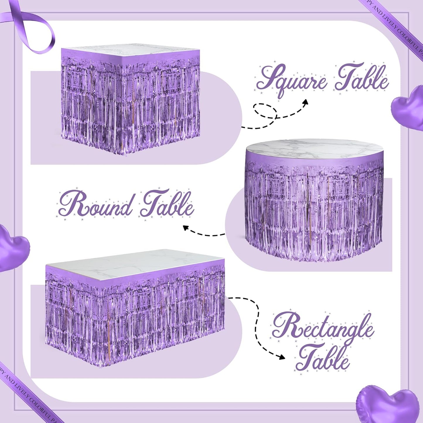 2 Pack Light Purple Table Skirts, 29x108" Metallic Foil Tinsel Fringe Table Skirts for Rectangle Tables Streamer Curtains Backdrop, Party Decorations for Birthdays Weddings Holidays