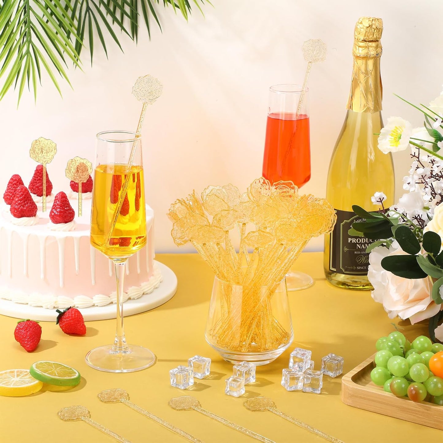 100 Pcs Gold Glitter Drink Stirrers Cocktails Plastic Swizzle Sticks 7.5 Inch Cupcake Pop Sticks Toppers Rose Top Wedding Drink Stirrers for Mixed Drinks Coffee Birthday Wedding Party