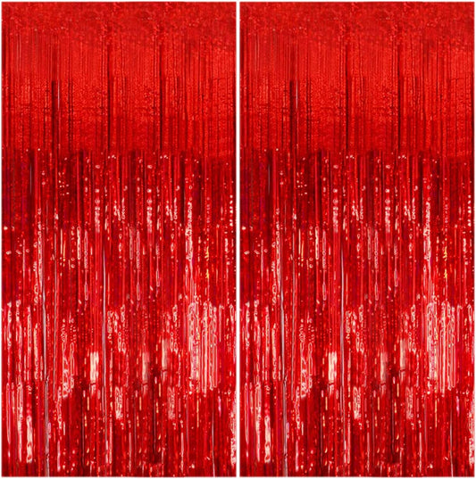 2 Pack Foil Curtain Backdrop Red Metallic Tinsel Foil Fringe Curtains Photo Booth Props for Birthday Wedding Engagement Baby Shower Bachelorette Christmas Holiday Celebration Party Decorations