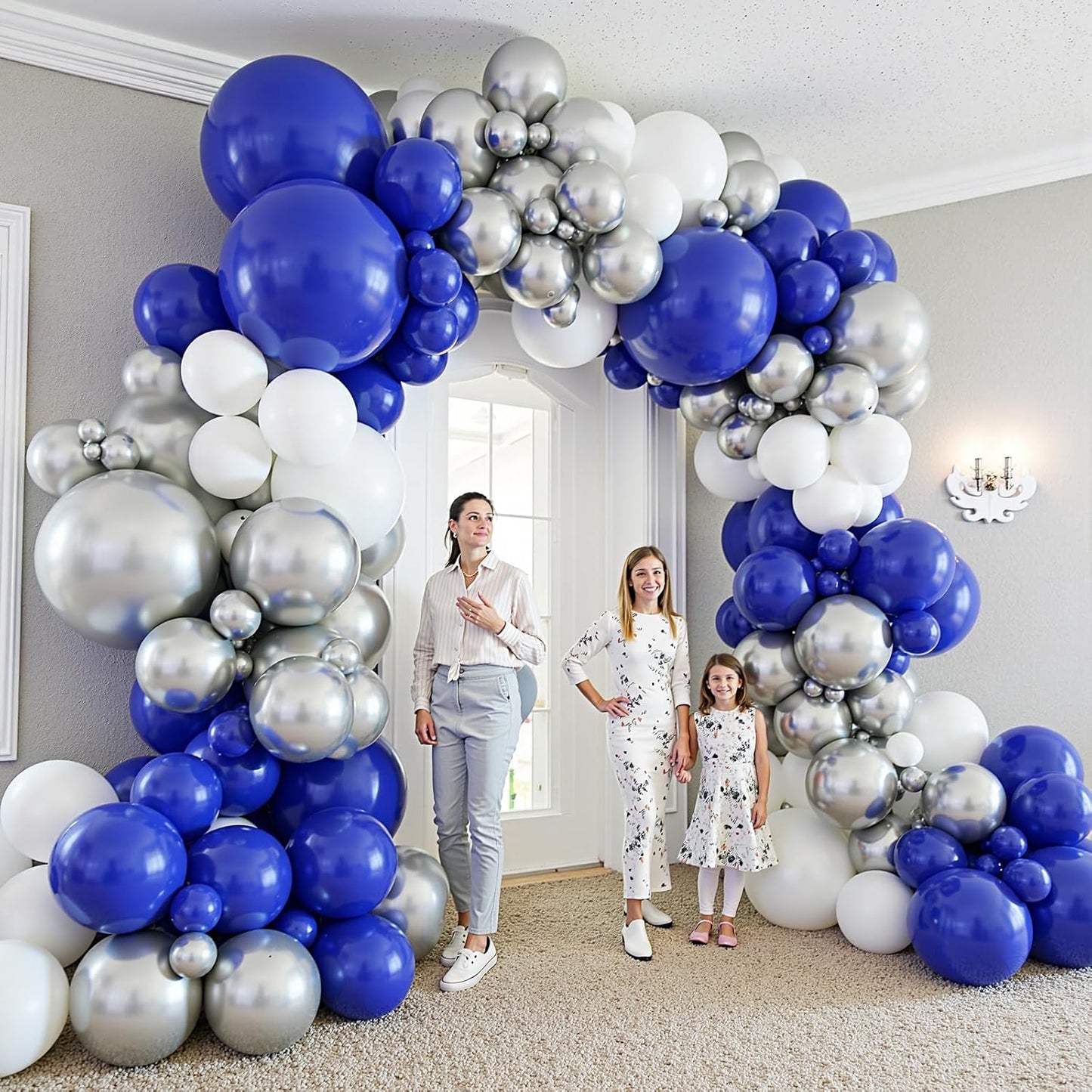 412Pcs Blue White Silver Balloon Arch Kit,18 12 10 5 Inch Different Size Royal Blue and White Balloons for Graduation Birthday Wedding Party Decorations