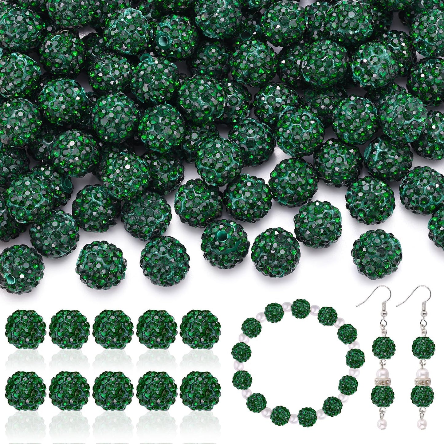 200pcs 10mm Rhinestone Beads for Jewelry Making, Dark Green Shiny Round Disco Ball Beads Bulk, Sparkle Crystal Clay Christmas for Bracelet Baseball Necklace Earring Crafting and DIY