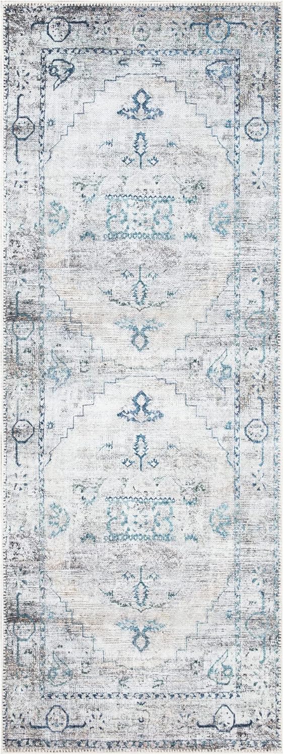Bloom Rugs Washable Non-Slip 10 ft Runner - Teal/Beige Traditional Runner for Entryway, Hallway, Bathroom, and Kitchen - Exact Size: 2.5' x 10'