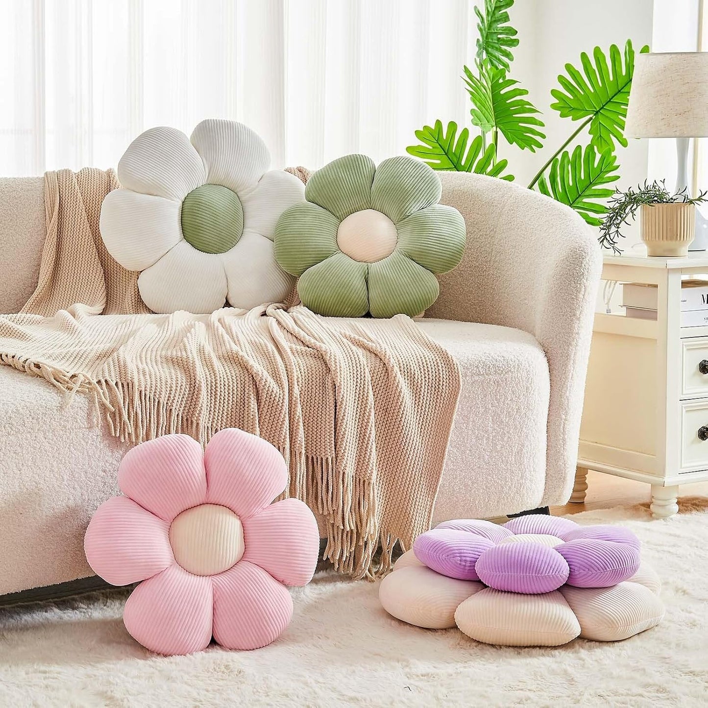 White Flower Pillow, 19.6" Cute Flower Shaped Floor Pillow, Aesthetic Floral Plush Daisy Decorative Throw Pillows for Bed Sofa Couch