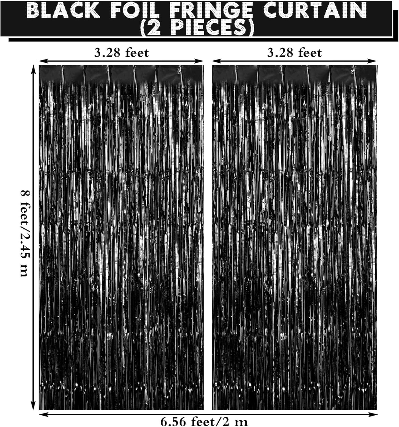 2 Pack Black Fringe Curtains Foil Shiny Fringe Backdrop Tinsel Door Streamers Foil Curtains for Birthday Wedding Engagement Bridal Shower Celebration Party Decorations Large