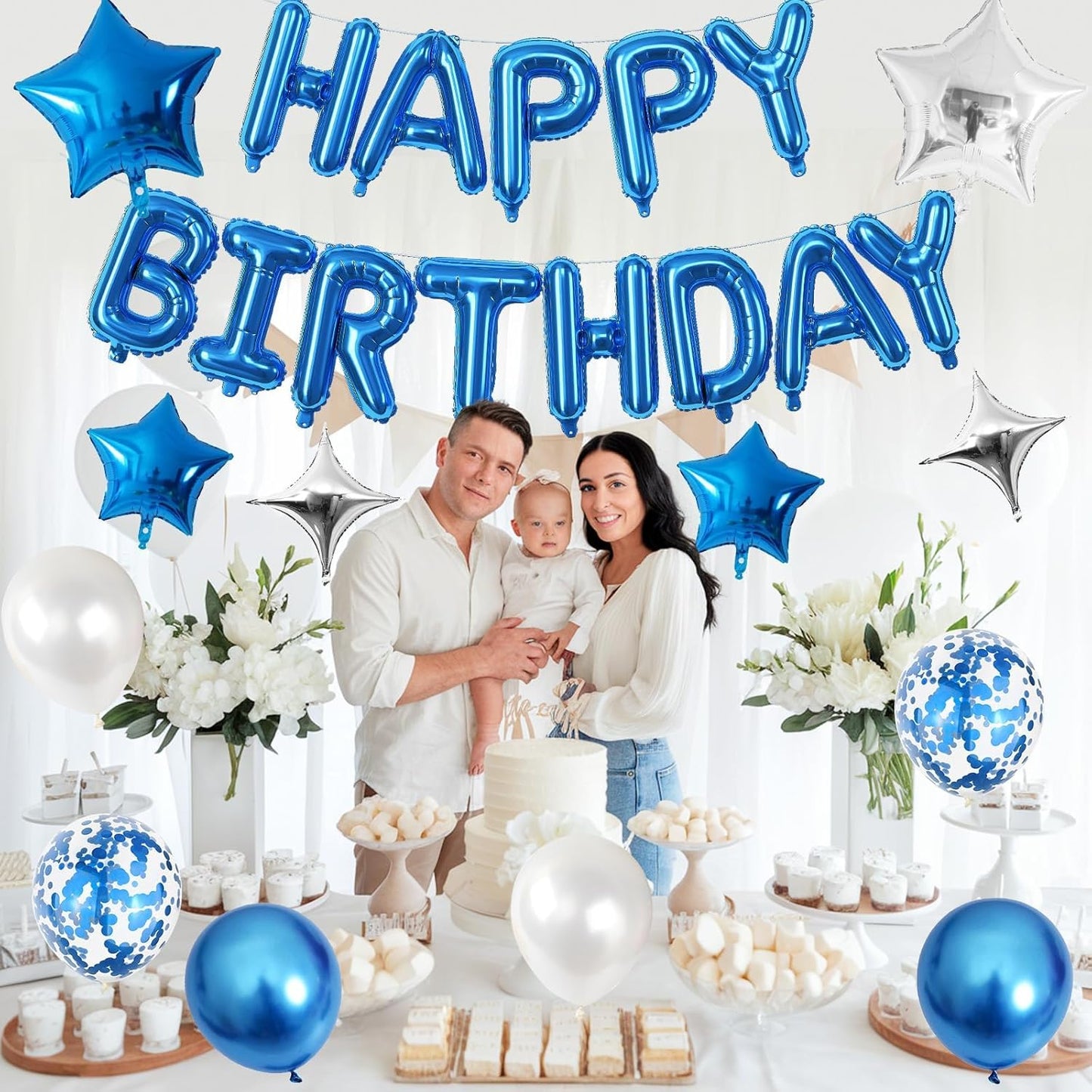 Happy Birthday Balloon Banner Blue Silver, 16 Inch Mylar Foil Letter Balloons, Reusable Birthday Decorations with Blue and Silver Balloons, Inflatable Party Supplies for Women Men Boys Girls Decor