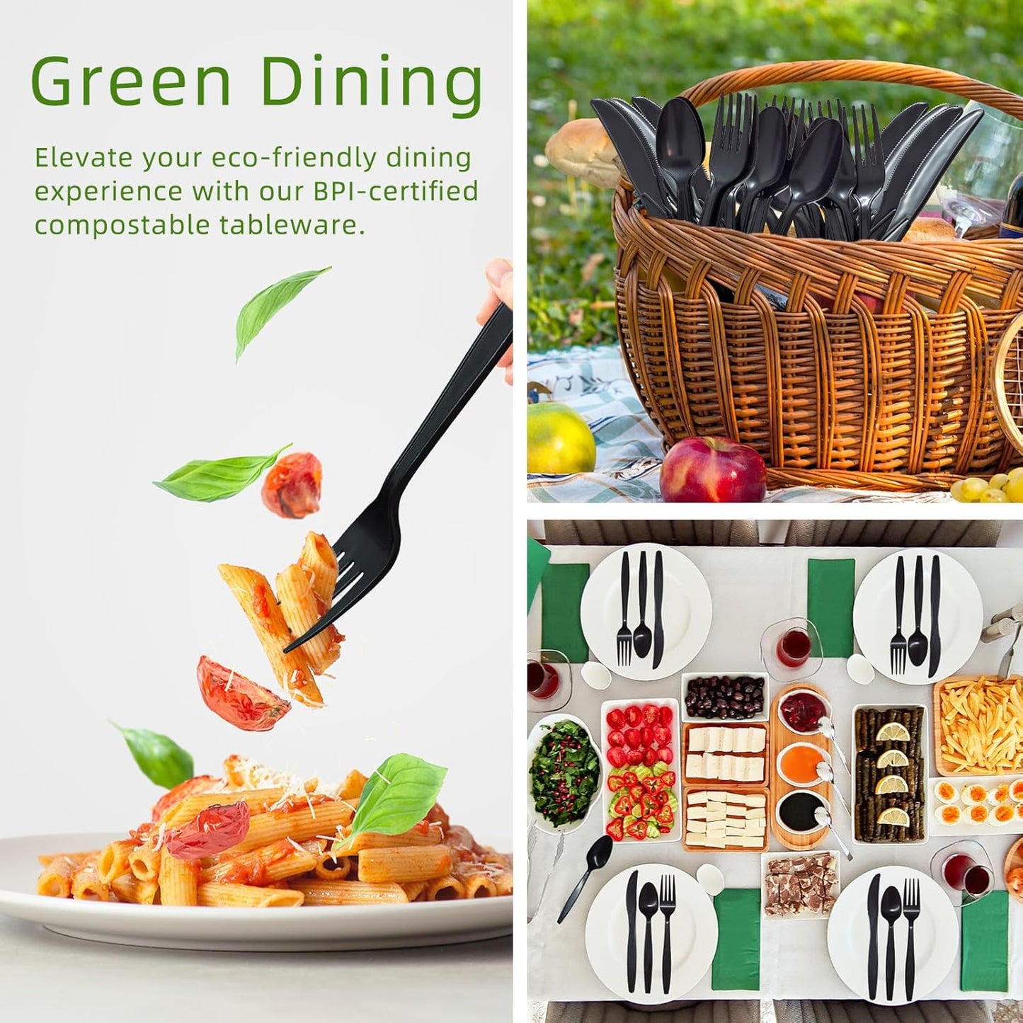 150 Count Black Compostable Silverware, Compostable Utensils, Disposable Silverware Plastic 50 Forks 50 Spoons 50 Knives, Non Plastic Utensils, Eco Friendly Utensils for Party Office Wedding