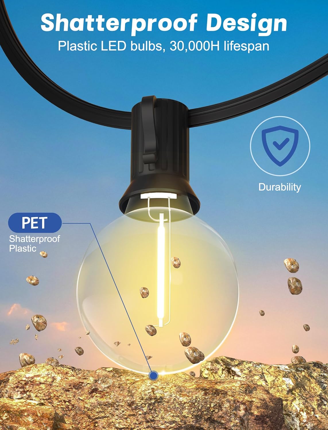 SUNSGNE Outdoor String Lights, 50FT Outdoor Globe Light with 52 G40 Shatterproof LED Bulbs(2 Spare), String Lights for Outside Patio Porch Garden Backyard Balcony Deck Decor, E12 Sockets