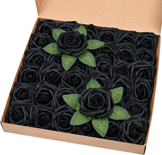 BLEUM CADE 36Pcs Artificial Flowers Fake Roses with Stems, Black Boxed Foam Roses for DIY Bouquets Centerpieces Wedding Party Arrangement Bridal Shower Decor