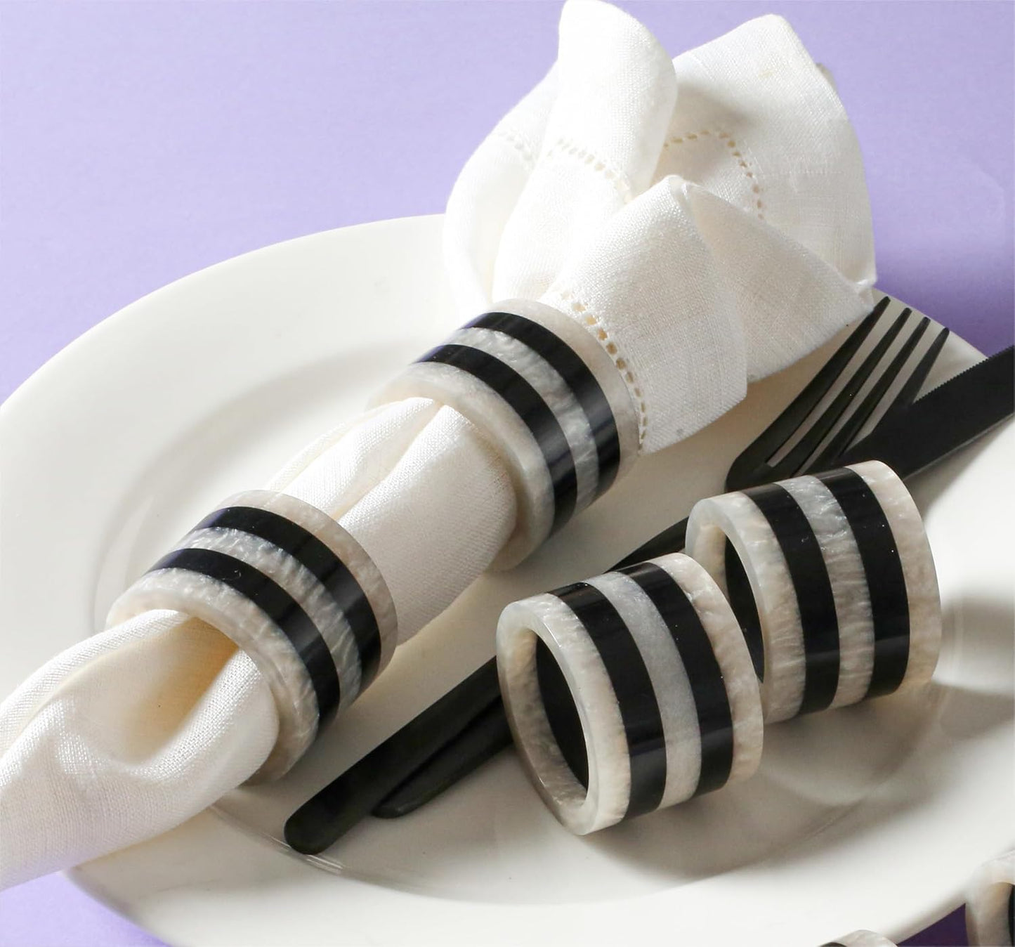 12-Pcs Epoxy Resin Napkin Rings - Handmade Elegant Napkin Holders for Table Décor, Dining, Weddings, Holidays & Special Events - Durable & Lightweight, Easy to Clean (Black White) - CLEENTABLE