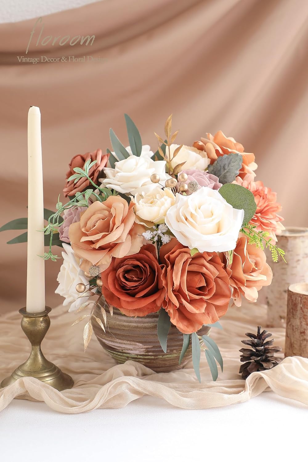 Floroom Terracotta Artificial Flowers Burnt Orange Fake Roses Peonies Dahlia Greenery Combo Box Set for DIY Wedding Bouquets Bridal Shower Centerpieces Floral Arrangements Party Tables Home Decoration