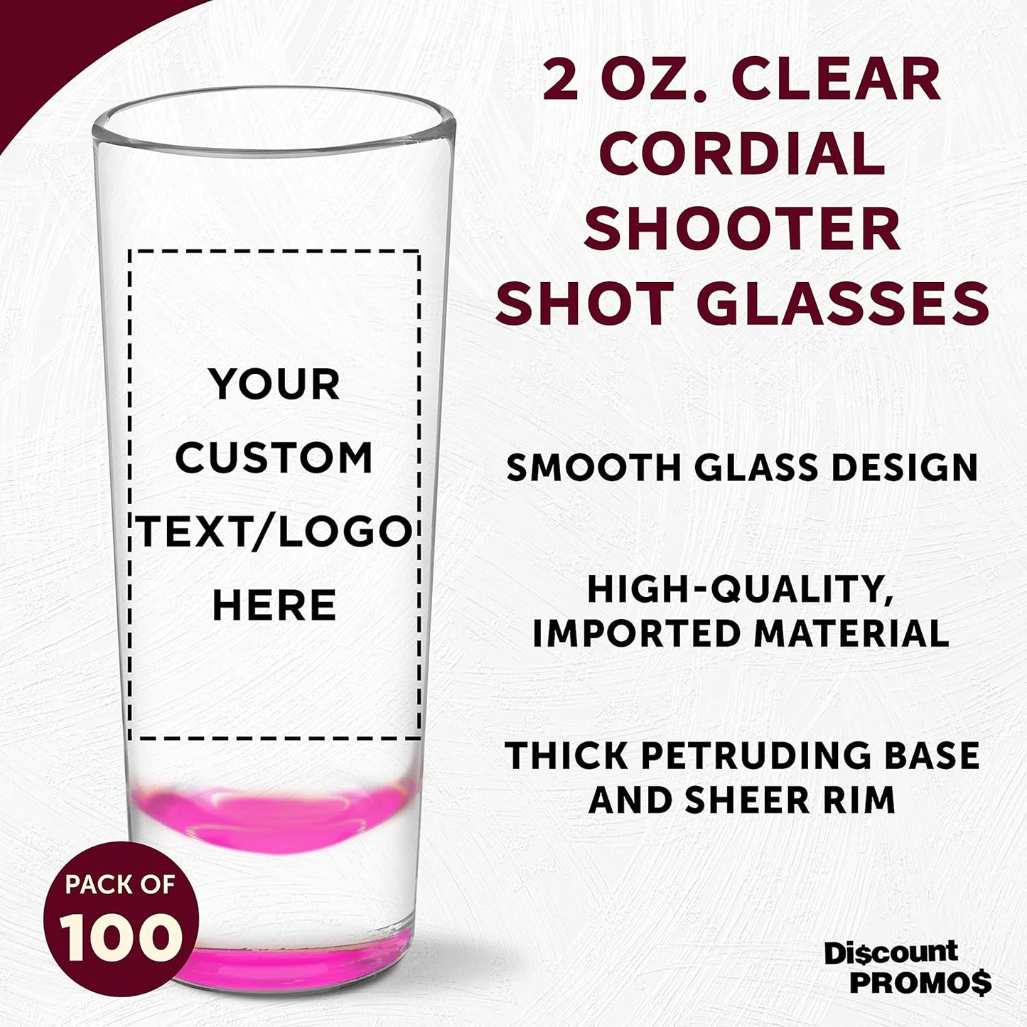 Custom Cordial Shooter Shot Glasses 2 oz. Set of 100, Personalized Bulk Pack - Great for Birthdays, Parties, Indoor & Outdoor Events - Pink