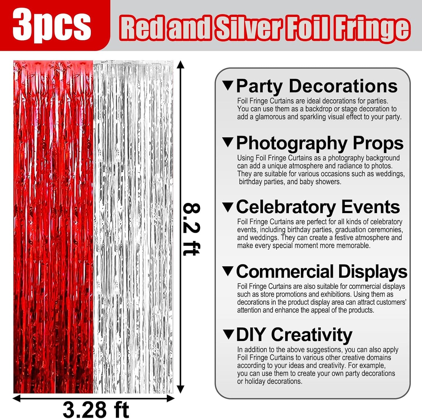 3 Pack Red Silver Foil Fringe Curtain Backdrop, 3.28Ft x 8.2Ft Metallic Tinsel Foil Fringe Streamer Curtains for Photo Booth, Teachers' Day, Halloween, Birthday, Wedding Party Decorations