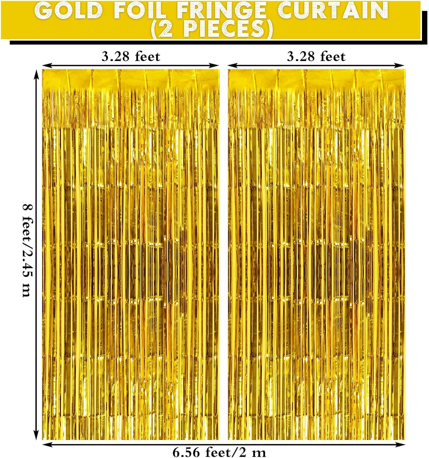 2 Pack Gold Fringe Curtains Foil Shiny Fringe Backdrop Tinsel Door Streamers Foil Curtains for Birthday Wedding Engagement Bridal Shower Celebration Party Decorations Large