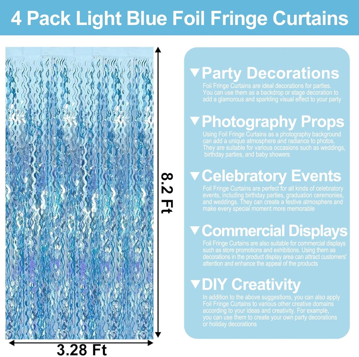 4 Pack Light Blue Wave Foil Fringe Curtain Backdrop, 3.28Ft x 8.2Ft Metallic Tinsel Foil Fringe Streamer Curtains for Photo Booth, Mother's Day, Easter, Birthday, Wedding Party Decoration